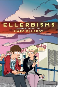 Cover for Ellerbisms. Marc and his girlfriend sit on the curb beneath a purple sunset eating french fries.